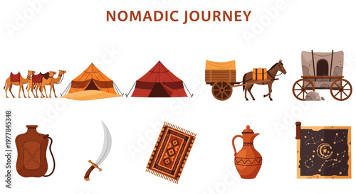 Modern Flat Vector set of Nomadic desert journey travel adventure.