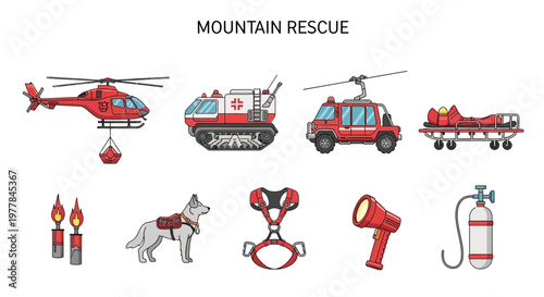 Mountain rescue team emergency response icons.