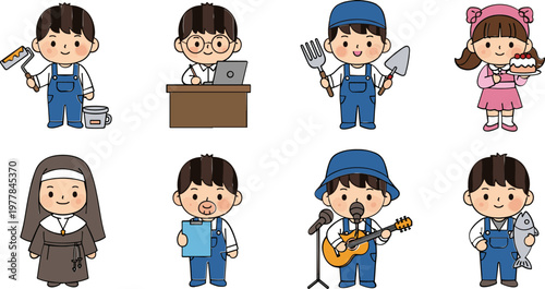 Cute Cartoon Character Set Featuring Kids in Different Jobs and Activities, Including Painter, Chef, Musician, and More