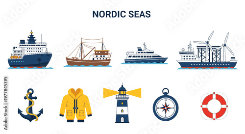 Nordic Seas Shipping Maritime Icons Set.