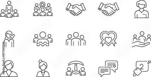 People relationship teamwork and customer support outline icon set featuring handshake community communication avatar editable stroke vector collection