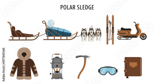 Illustration set of Polar Sledge Expedition Essential Equipment.
