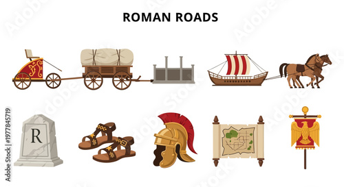 Modern Flat Vector set of Roman Roads Ancient Transportation Infrastructure.