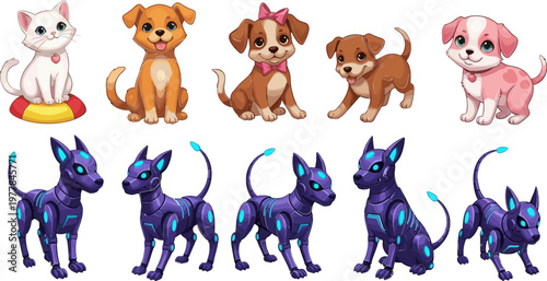 Cute Pet Collection Featuring Dogs and Cats in Traditional and Futuristic Robotic Designs for Animal, Technology, and Sci-Fi Illustrations