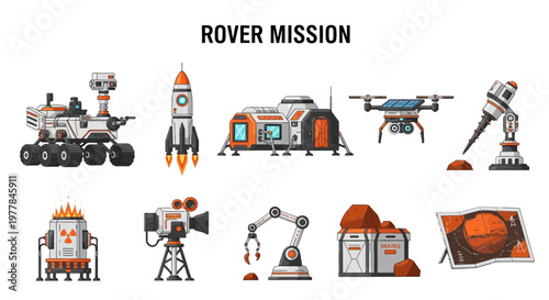 Cartoon set of Space Exploration Rover Mission Control.