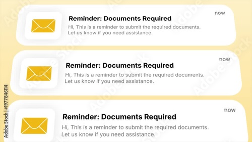 Reminder: Documents Required notification appears in an animated digital display. Ideal for illustrating important notifications, deadlines, business communication, and workflow management.