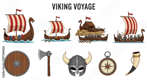 Modern Flat Vector set of Viking Voyage Illustration.