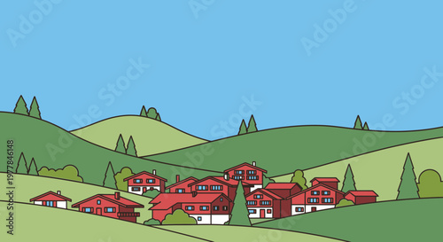 Charming Alpine Village Scene with Red Roof Houses and Green Rolling Hills