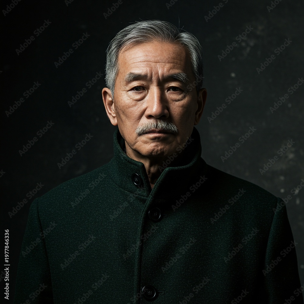 Fototapeta premium A portrait of an elderly Asian man with a serious expression wearing a dark green coat