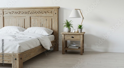 明るい自然光が心地よく差し込む静かな寝室。美しい彫刻が施された木製ベッドとナイトスタンドが温もりを添え、白いリネンと小さな緑の植物が安らぎの空間を創り出す。. AI Generated