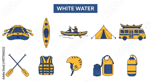 Cartoon set of White water rafting equipment and accessories.