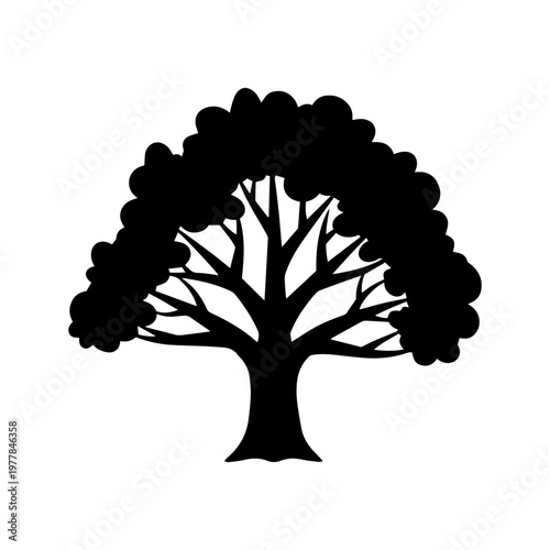 black silhouette of a tree with a large canopy isolated on transparent background
