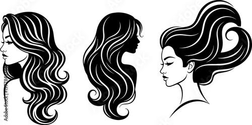 Elegant Hair Design Set Featuring Women’s Hairstyles in Silhouette for Fashion, Beauty, and Haircare Illustrations