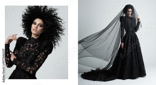 黒いドレスを優雅に着こなす女性の魅力。ボリュームヘアと流れるベールが神秘的でゴシックな美しさを演出。. AI Generated