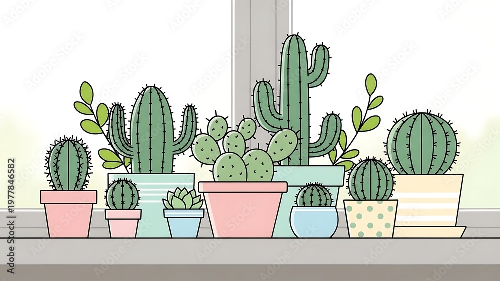 Fototapeta premium Collection of Cactus Plants in Colorful Pots on Windowsill in Bright Room