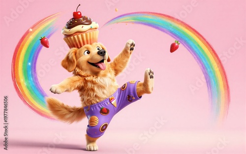 Happy puppy dances joyfully with rainbow cupcakes and balloons in a