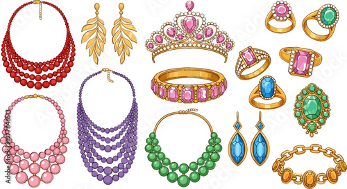 Elegant Jewelry Collection Featuring Necklaces, Earrings, Rings, and a Tiara in Vibrant Colors for Fashion, Accessories, and Jewelry Illustrations