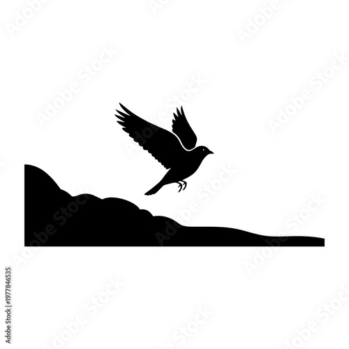 black silhouette of a bird taking off from a hill isolated on transparent background