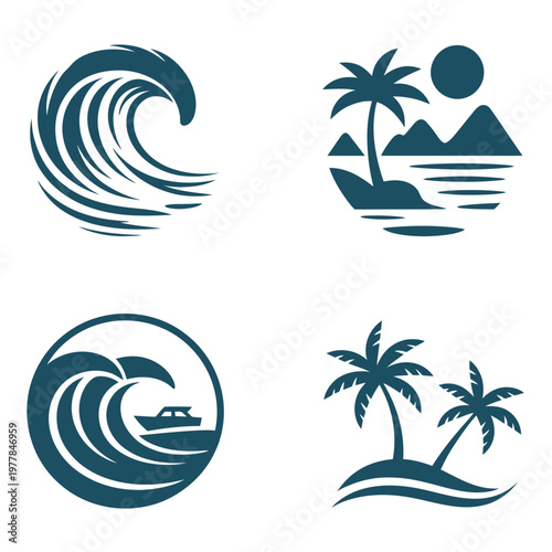 Set of tropical ocean and beach vector icons, including bright sun, swaying palm trees, ocean waves, and sandy shores