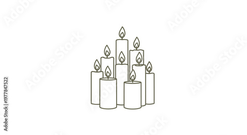 Group of lit candles with flames, minimalist line art illustration on white background