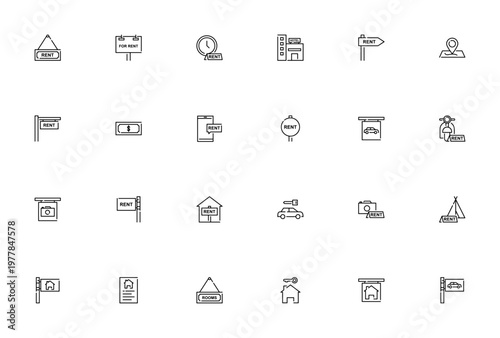 Rental icon set. Vector illustration for property, vehicle, and equipment hire. Includes rent, house, car, hotel, money, location, online and more. Editable stroke.