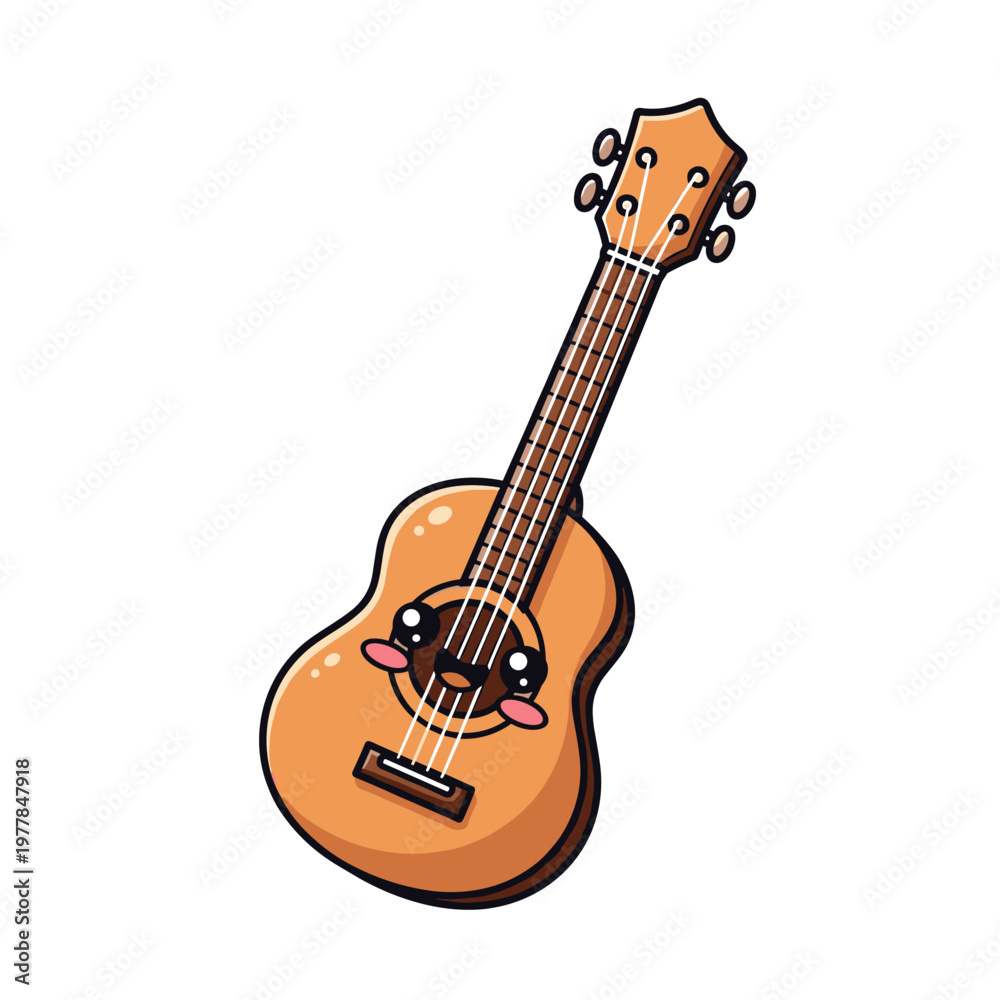 Obraz premium Cute cartoon ukulele with a happy smiling face illustration on a white background