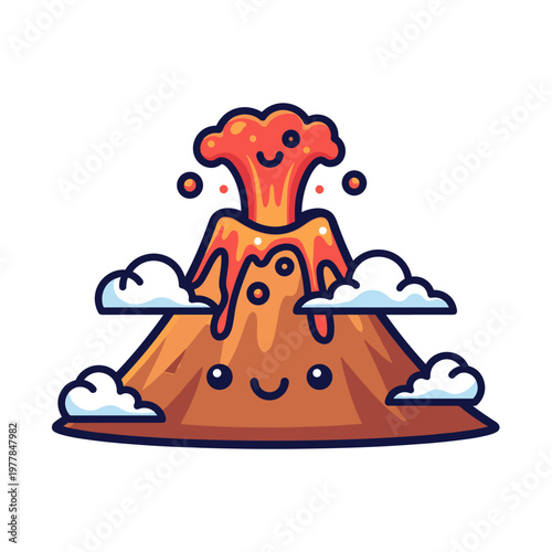 Cute cartoon volcano erupting with a happy face and clouds