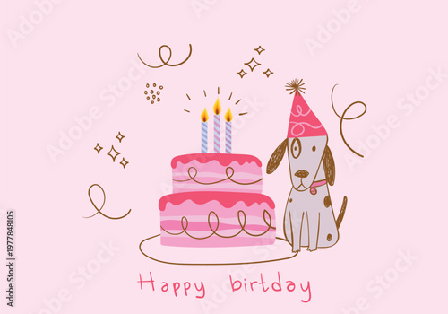 A cute dog, puppy wearing a party hat with birthday cake hand drawn kawai vector illustration.. Perfect for holiday  greeting cards, invitations, and celebration-themed designs.