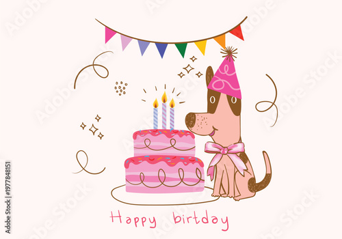 A cute dog, puppy wearing a party hat with birthday cake hand drawn kawai vector illustration.. Perfect for holiday  greeting cards, invitations, and celebration-themed designs.