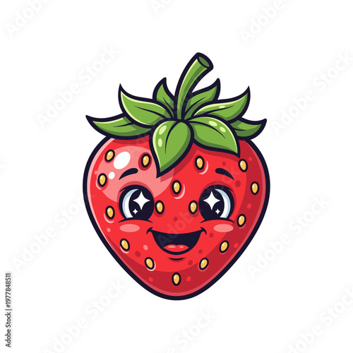 Cute happy cartoon strawberry character illustration with sparkling eyes