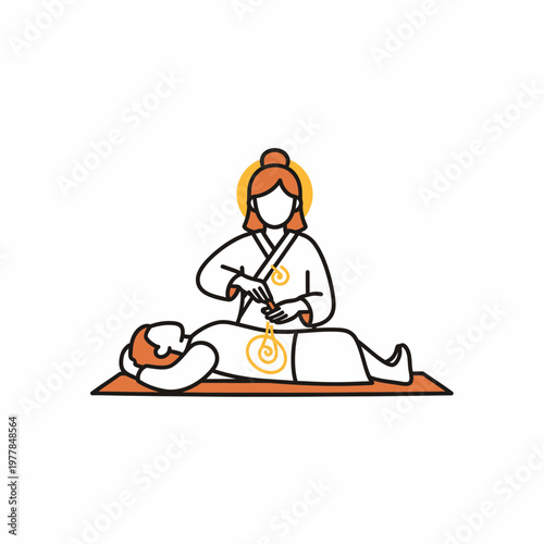 Reiki practitioner performing energy healing on patient illustration