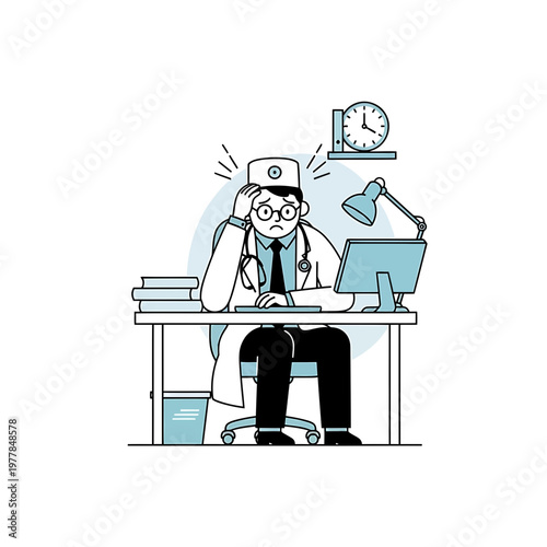 Stressed Male Doctor Sitting at Desk in Medical Office Illustration