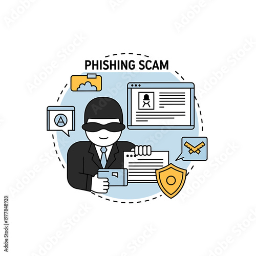 Phishing Scam Concept with Hacker and Online Security Icons