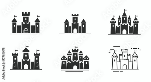 Set of six hand drawn castle and fortress icons.