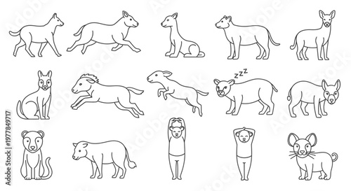 Diverse group of cartoon dogs running.