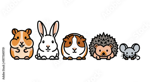 Cute cartoon animals in row.