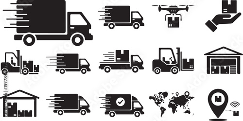 Logistics and Delivery Icons in Black and White