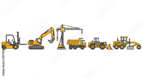 Heavy construction equipment vehicles line up.