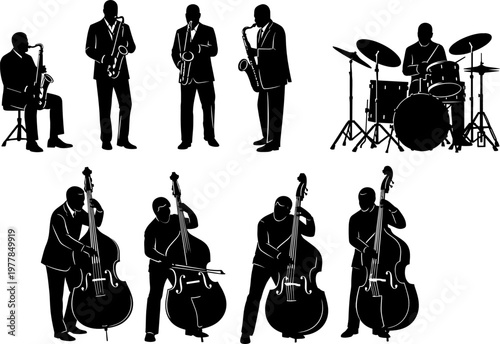 Jazz Band Silhouette Set with Saxophone Trumpet Double Bass and Drum Musicians Black Vector Collection Isolated on White Background