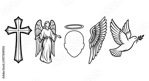 Religious symbols and heavenly creatures.