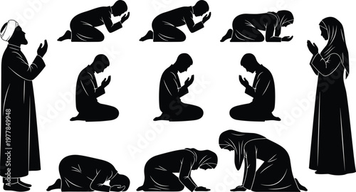 Muslim Men and Women Praying Silhouette Vector Set, Including Salah Positions, Sujud, Dua, Islamic Worship, Religion, Faith, and Spirituality Icons.