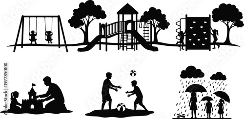 Children playground activities silhouette set including park slide swing climbing wall sandcastle building ball play and family walking in the rain