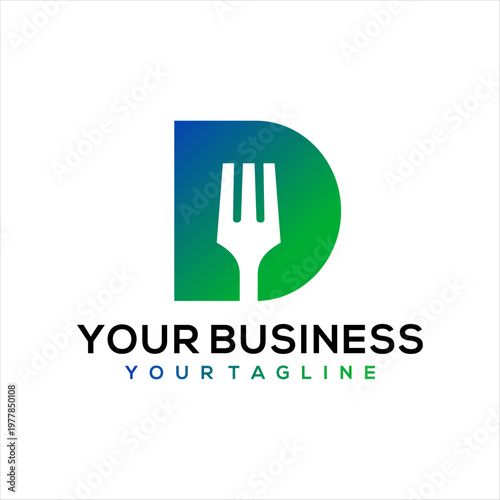 A logo that combines a fork and the letter D. This logo is perfect for a food business.