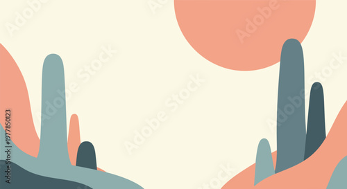 Abstract Minimalist Desert Landscape Illustration Featuring Stylized Hills and a Warm Peach Sun Against a Soft Cream Background, Perfect for Modern Design Aesthetics