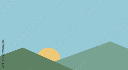 Minimalist Sunrise Over Rolling Green Hills Under a Clear Blue Sky, Representing Hope and New Beginnings