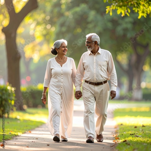 Happy senior Indian couple walking hand in hand in a park.