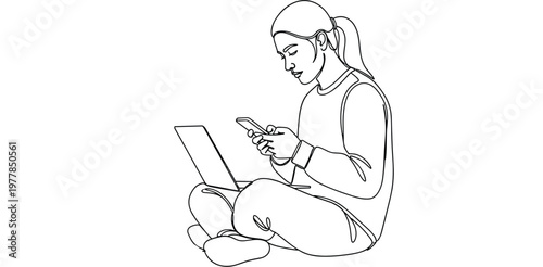 Continuous line drawing of young woman sitting cross-legged using smartphone and laptop for remote work freelance study and digital communication