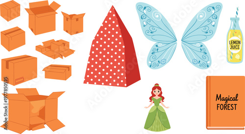 Mixed Object Set with Cardboard Boxes, Gift Bag, Butterfly Wings, Fairy Character and Bottle Cartoon Flat Vector Illustration Collection for Design Elements