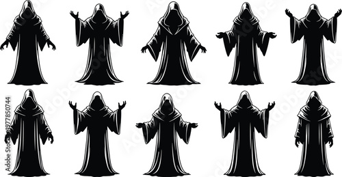 Black silhouette collection of hooded monk wizard or grim reaper characters in robes isolated on white background for fantasy horror design