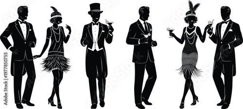 Vintage 1920s Great Gatsby party silhouette, roaring twenties flapper girls and dapper men with cocktails, retro deco celebration vector illustration.